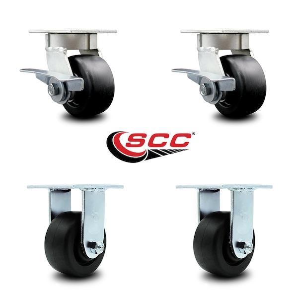 4 Inch Kingpinless Polyolefin Wheel Caster Brakes 2 Rigid, 2PK